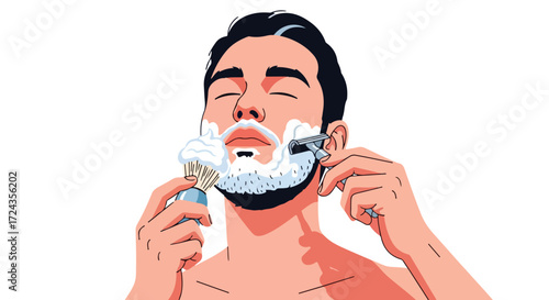 Morning Ritual: Man Gently Shaving with Razor and Brush, Embracing Personal Grooming and Self Care in Daily Routine