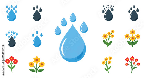 Water droplets and flower blossoms arranged in clean, simple compositions against a white backdrop, conveying freshness and natural beauty.