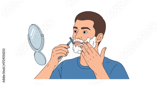 Illustrated man shaving his beard in front of a mirror, showcasing a routine self-care process for men's hygiene and grooming habits