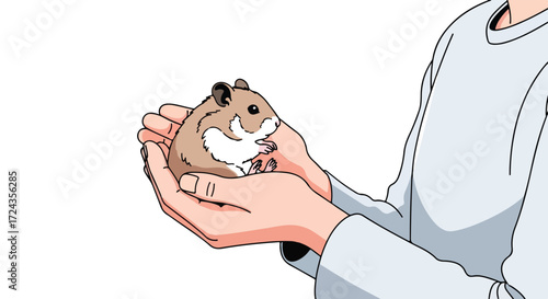 Gentle hands carefully cradling a tiny hamster, showcasing a tender and heartwarming moment of care and affection