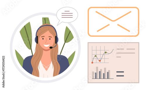 Female support agent wearing a headset and speaking, surrounded by leaves, envelope icon, chart visuals. Ideal for customer service, communication, analytics, remote work, teamwork technology