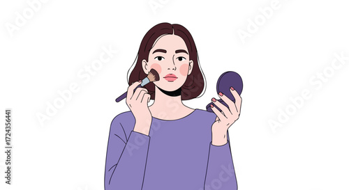 Aesthetic illustration of a girl applying blush with a brush while holding a mirror for a flawless look