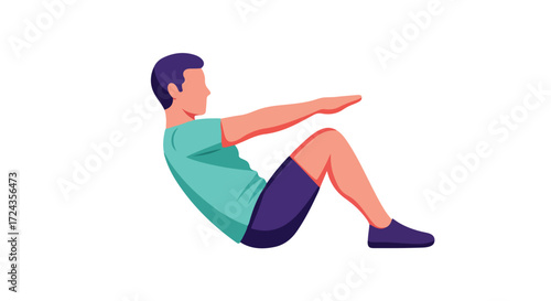 Man performing sit-ups exercise for abdominal muscles training with arms extended, isolated on a clean white background, workout for a healthy