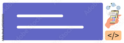 Hand holding smartphone displaying app notifications surrounded by coding symbols and communication icons. Ideal for technology, app design, UIUX, programming, communication, messaging