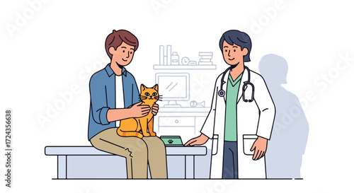 Illustration depicting a cat owner visiting a veterinarian clinic with his feline companion for a checkup emphasizing pet healthcare and wellbeing