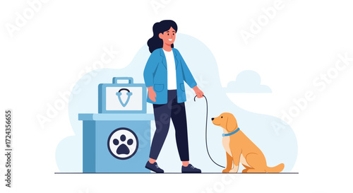 Dedicated veterinary professional walking loyal golden retriever dog, near clinic equipment showcasing pet healthcare and well-being illustrating