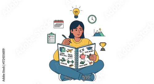 Girl planning goals and aspirations in a notebook with financial, educational and self improvement objectives sketched around her