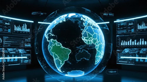 Futuristic global network interface with holographic earth and data visualization