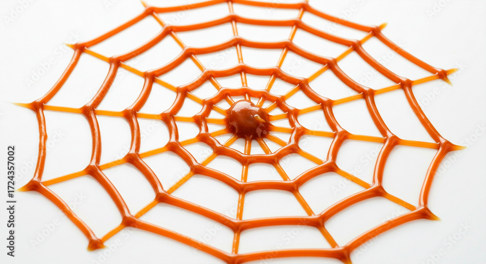 Obraz premium spider web made with shiny caramel sauce on a white background