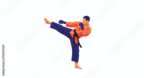 Dynamic martial artist executes a powerful front kick in a minimalist vector art illustration showcasing athleticism and discipline