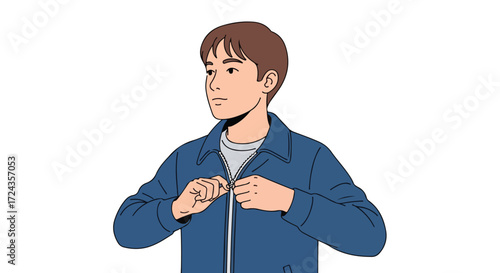 Illustration of a young man in a blue jacket zipping up his outerwear on an isolated backdrop