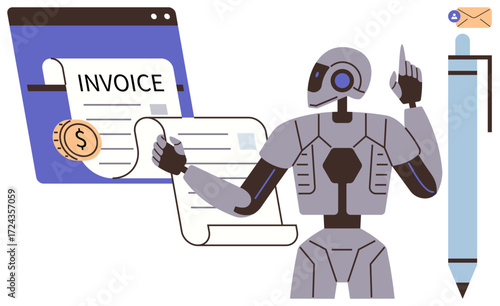 Robot handling invoice process digitally, with an interface open, a rolled document, a coin, and a pen. Ideal for automation, finance, technology, billing innovation AI solutions simple flat