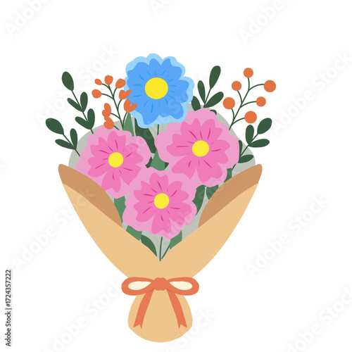 Flower Bouquet Illustration Pink Blue Wrapped Gift Decorative Floral Arrangement Present