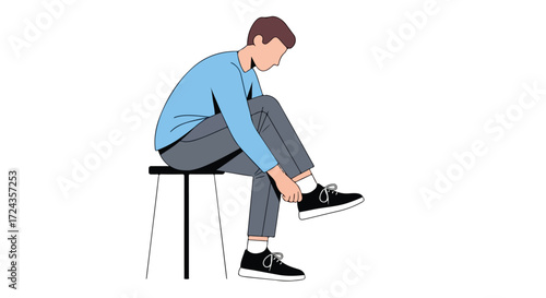 Minimalist illustration of a man sitting on a stool and tying his shoelaces in a relaxed pose highlighting personal preparation and downtime before