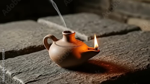Ancient Clay Oil Lamp Burning Brightly in Dark Room.