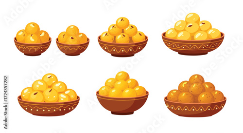 Laddu sweets arranged in small bowls for a traditional Indian dessert display, showcasing cultural richness and festive cheer.