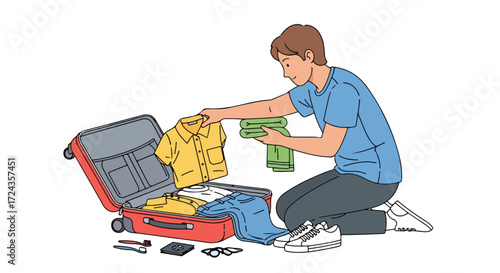 Young man meticulously packing suitcase for travel adventure with anticipation and excitement for the journey ahead planning his outfit
