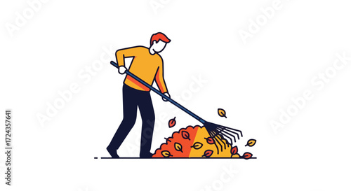 Illustrative depiction of an individual raking leaves, symbolizing autumn chores and seasonal cleanup activities outdoor in a vibrant color palette
