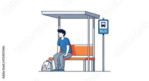 Illustrated man awaiting transportation at shaded bus stop on a white backdrop showcasing urban solitude and travel anticipation in public transit