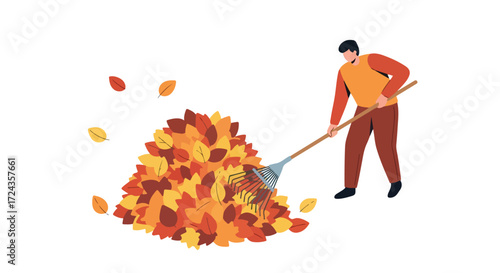 Man Raking Autumn Leaves into a Vibrant Pile, Seasonal Yard Work Illustration, Fall Cleanup Concept