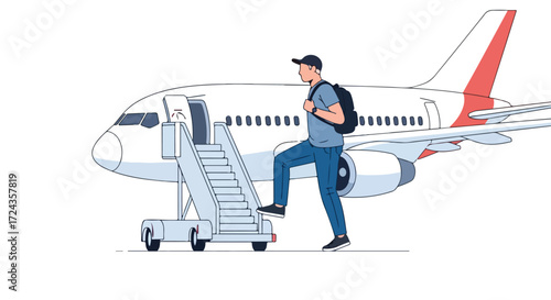 Illustration depicting a male passenger boarding an airplane via mobile stairs showcasing travel and transportation concepts with clean modern