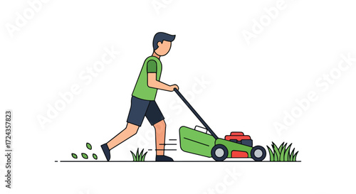 Lawn maintenance depicted in an illustrated style, showing garden care through grass trimming with lawnmower and a person, conveying outdoor activity