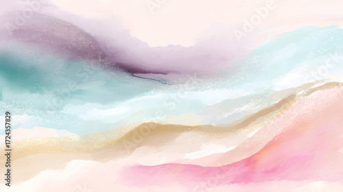 A soft, abstract watercolor background featuring flowing waves in pastel colors including pink, yellow, and blue