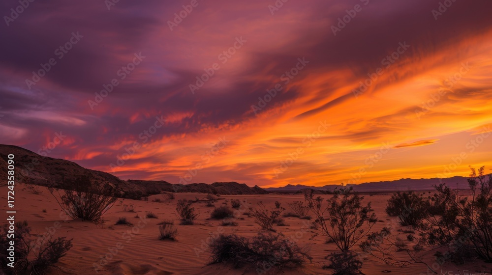 Naklejka premium Colorful Sky Landscapes: Morning Sunrise Clouds, Evening Dusk Hills & Red/Orange Sunset Desert Beauty