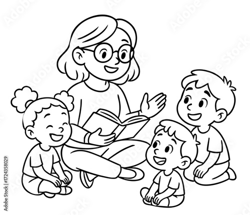 Teacher Reading a Story to Happy Children