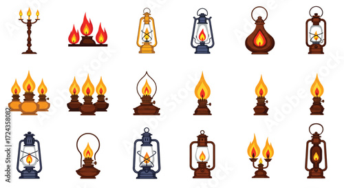 Collection of vintage lanterns and candle holders glowing warmly in a dimly lit room, evoking a sense of nostalgia and oldworld charm.