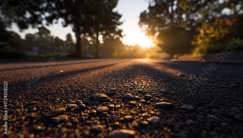 Sunrise on a paved street, close-up view