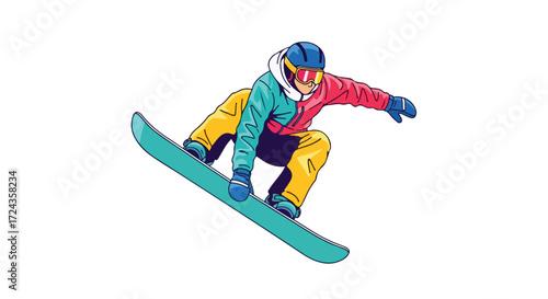 Dynamic snowboarder illustration showcasing vibrant colors, skilled maneuvering and the excitement of winter extreme sports, isolated on a white