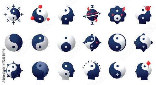Yin yang symbols representing balance and harmony in various creative interpretations on a clean white surface, conveying peace and tranquility.