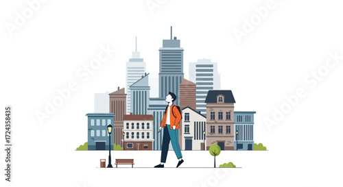 A stylized illustration showcasing a man walking against a backdrop of diverse city buildings providing an urban exploration theme for a digital