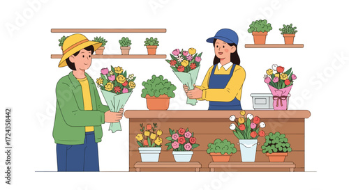 Illustrative scene depicting a happy customer buying a beautiful bouquet from a friendly florist at a charming flower shop