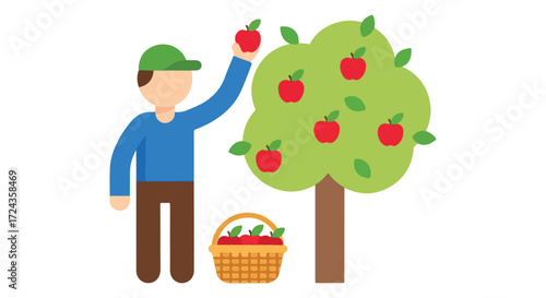 Whimsical illustration of a farmer picking apples from a tree with a basket nearby showing the joy of the harvest season
