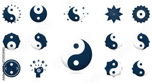 Yin and yang symbols representing balance and harmony in various stylized forms on a clean white surface, conveying a sense of zen and tranquility.