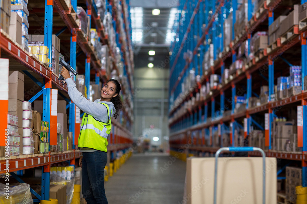 Obraz premium Female warehouse worker scanning box on high metal rack in brightly lit aisle with pallet trolley