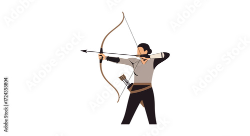 Focused archer with bow and arrow demonstrates precision in a dynamic aiming stance against a stark white background portraying determination and