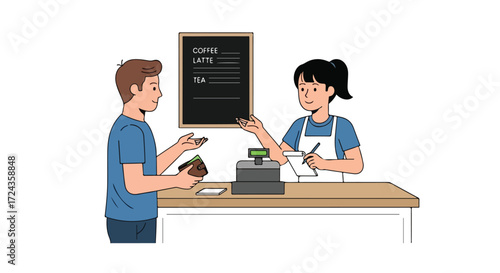 Illustration depicting a customer ordering coffee at a cafe with a friendly cashier taking the order and payment