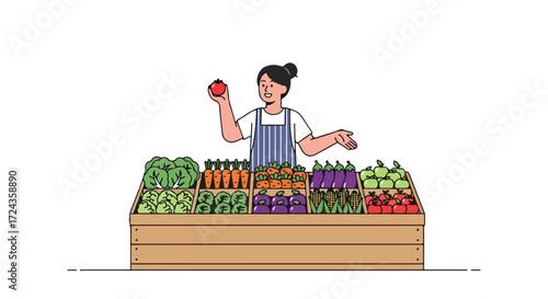 Illustrative depiction of a happy vendor promoting fresh vegetables and fruits at a local farmers market stall with vibrant colors