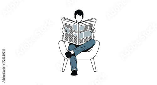 Vector illustration of a man reading a newspaper while comfortably seated, conveying a sense of relaxation and intellectual engagement indoors