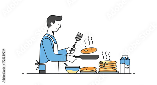 Man cooking pancakes in a bright minimalist style, preparing a delicious breakfast with simple pleasures and homemade delights for family and friends