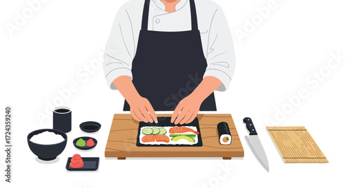 Professional sushi chef meticulously preparing delectable sushi rolls at a restaurant counter with fresh ingredients and artistic presentation