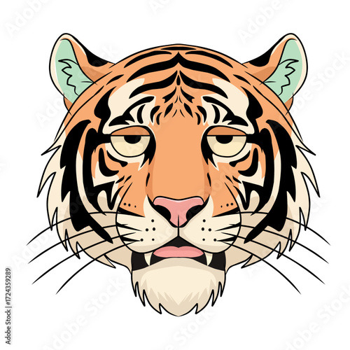 lazy Tiger Head Graphic Wild Animal Portrait Cartoon Style Illustration on Black Background