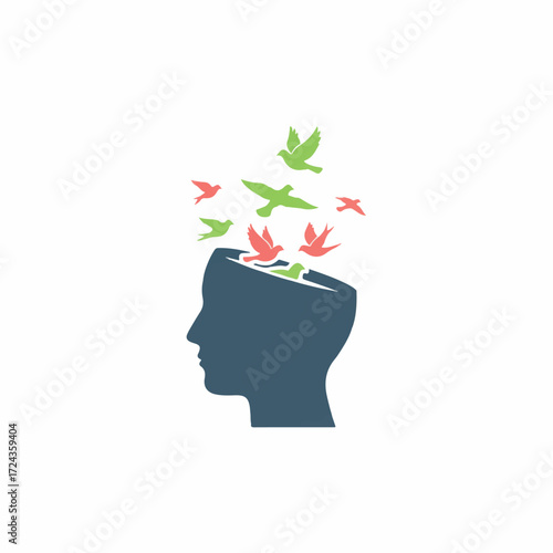 Birds fly out of a human head representing freedom of thought and creativity on a white backdrop, symbolizing mental liberation and inspiration.
