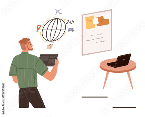 Man holding tablet analyzing global logistics icons thumbs up airplane, truck, and location marker. Includes laptop on a table, wall notes. Ideal for planning, logistics, remote work, technology