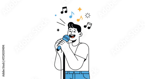 Passionate singer with energy holding microphone releasing soundwaves creating cheerful ambiance radiating vibrancy showing excitement