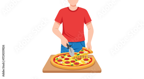 Illustrative depiction of a person in a red t-shirt slicing a delicious pizza with a rotary cutter showcasing the melting cheese and toppings