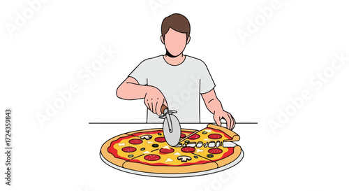 Illustration of a person using a pizza cutter to cut a pizza on a white background, showing the act of slicing food for sharing, a common scene for